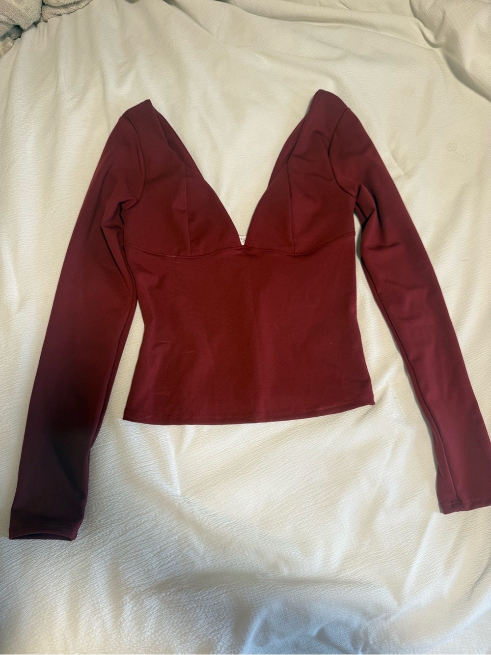 Plunging V-Neck Long Sleeve Top in Burgundy